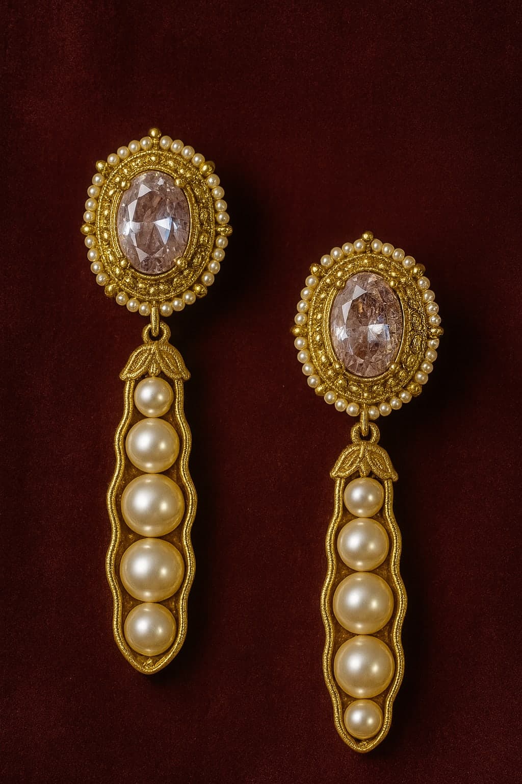 ATIBELLE Gold-Plated Artificial Stones Studded & Beaded Oval Shaped Drop Earrings