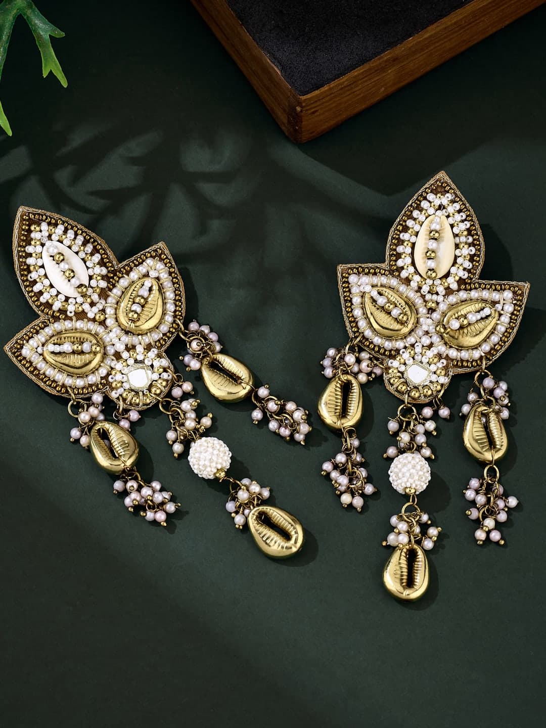 ATIBELLE Gold-Plated Artificial Stones Studded And Beaded Contemporary Drop Earrings - Image 1