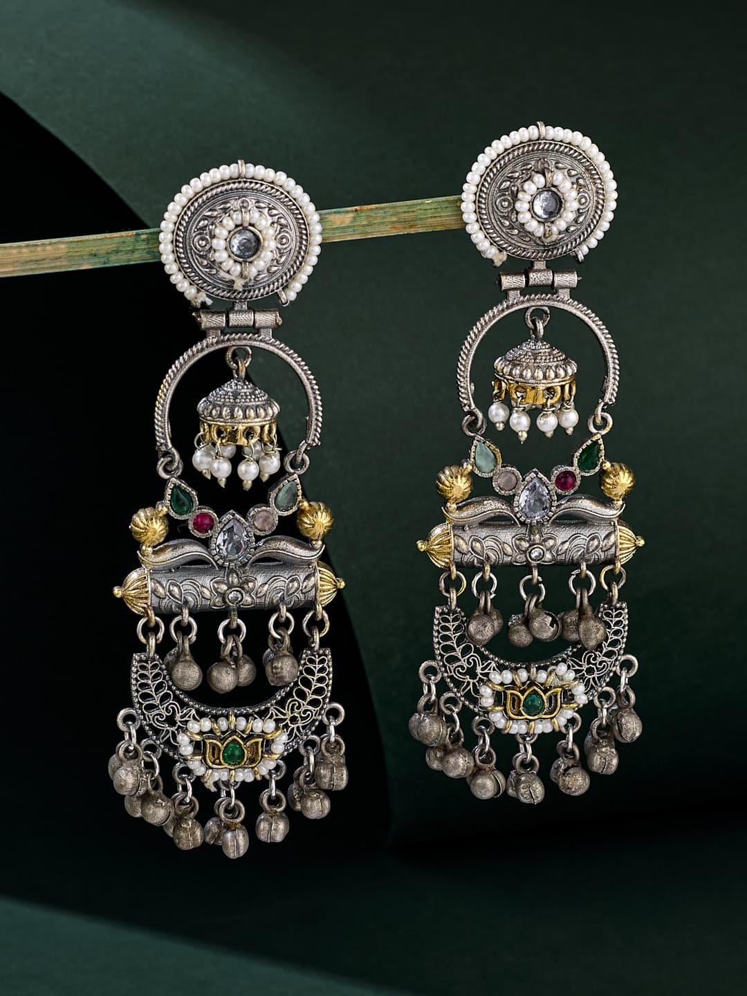 ATIBELLE German Silver-Plated Artificial Stones Studded And Beaded Contemporary Chandbalis - Image 1