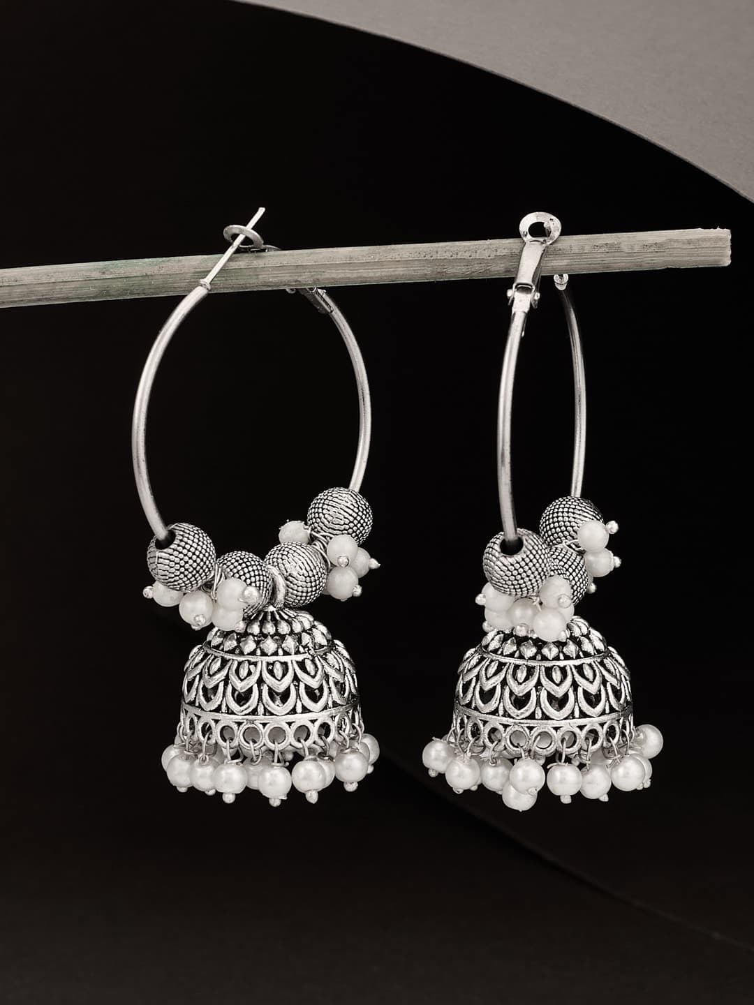 ATIBELLE Silver-Plated Artificial Stones Beaded Dome Shaped Jhumkas - Image 1
