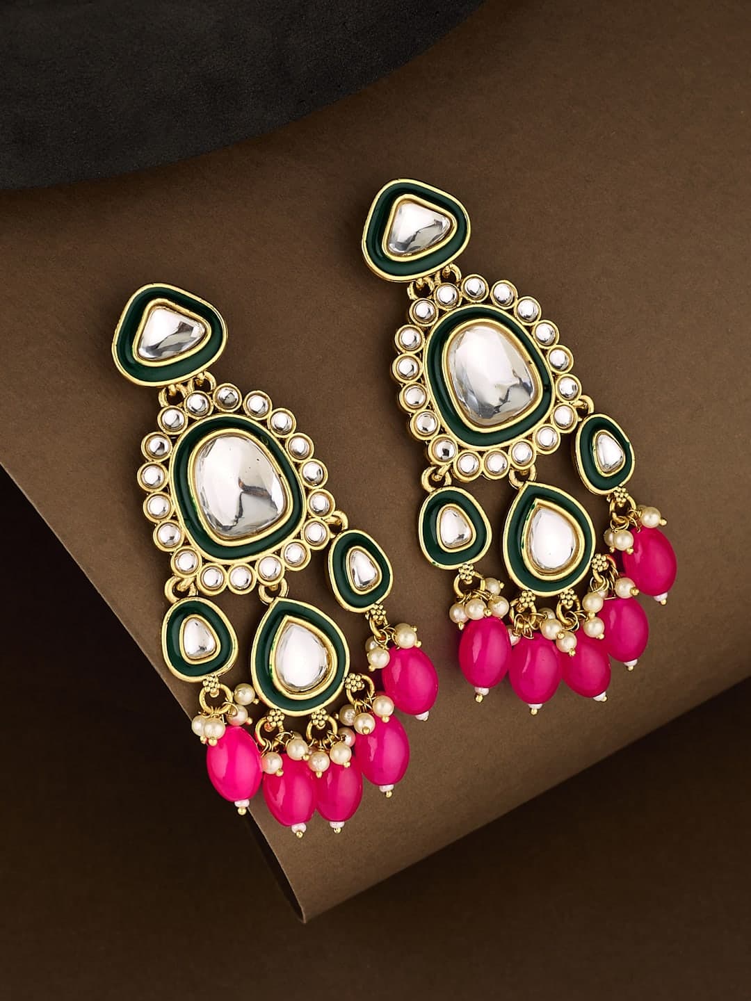 ATIBELLE Gold-Plated Kundan Studded Contemporary Shaped Drop Earrings - Image 1