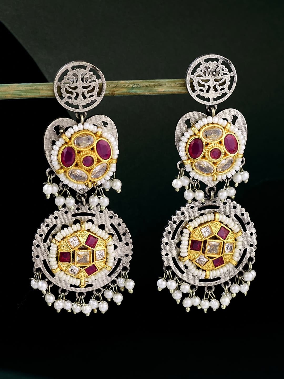 ATIBELLE Silver-Plated Artificial Stones Studded And Beaded Contemporary Drop Earrings - Image 1