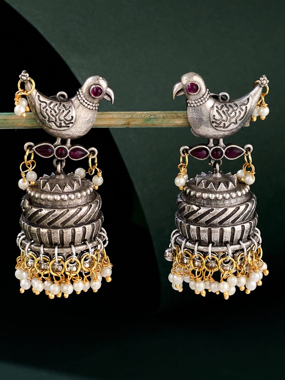 ATIBELLE German Silver-Plated Artificial Stones Studded And Beaded Bird Shaped Jhumkas - Image 1