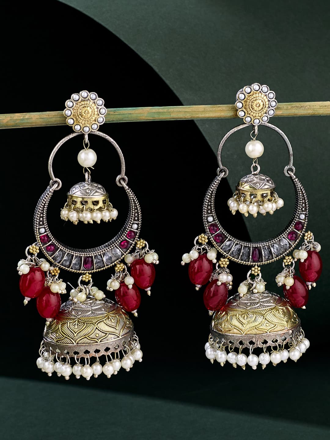 ATIBELLE German Silver-Plated Artificial Stones Studded And Beaded Dome Shaped Jhumkas - Image 1