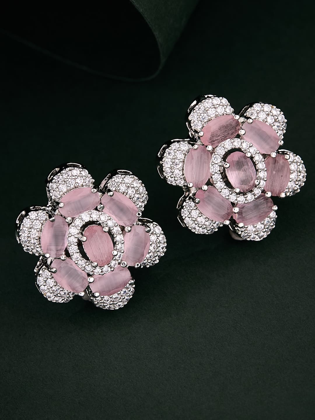 ATIBELLE Silver-Plated Cubic Zirconia Studded Floral Shaped Studs Earrings - Image 1