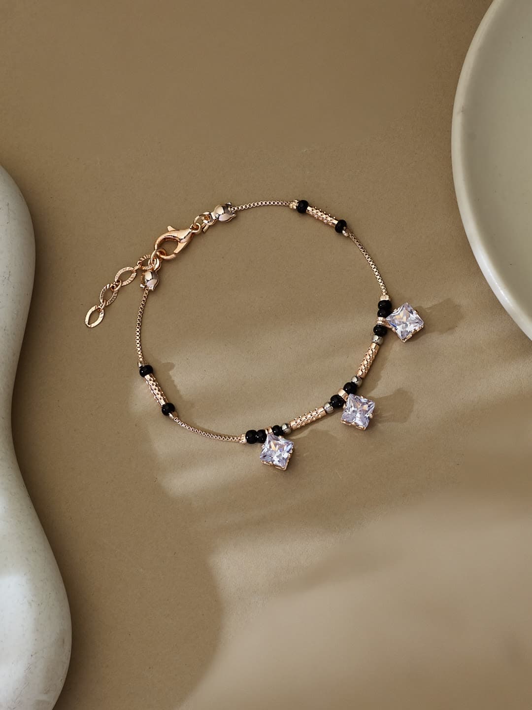 ATIBELLE Gold-Plated Artificial Stones Studded And Beaded Mangalsutra