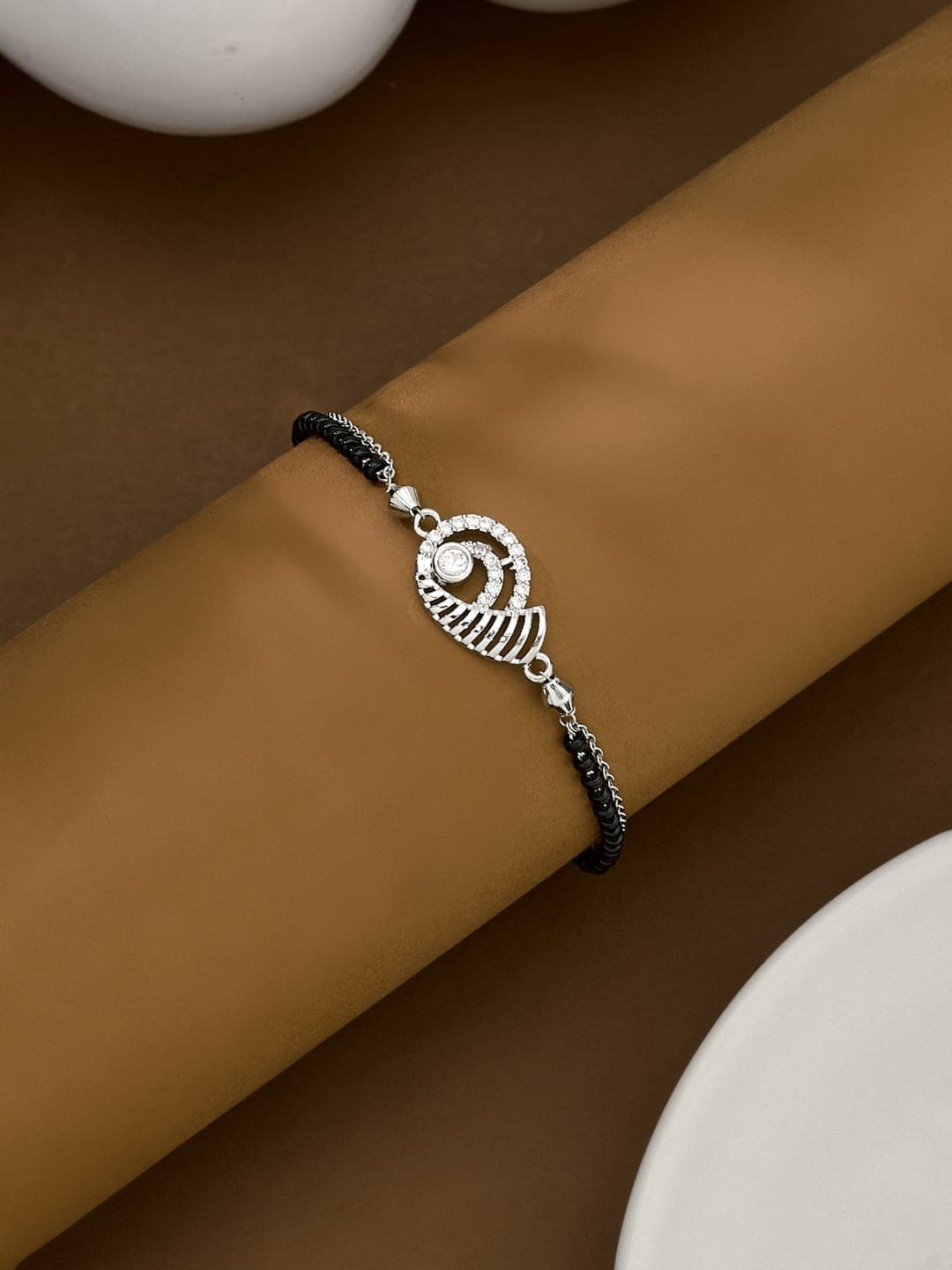 ATIBELLE Silver-Plated Artificial Stones Studded And Beaded Mangalsutra