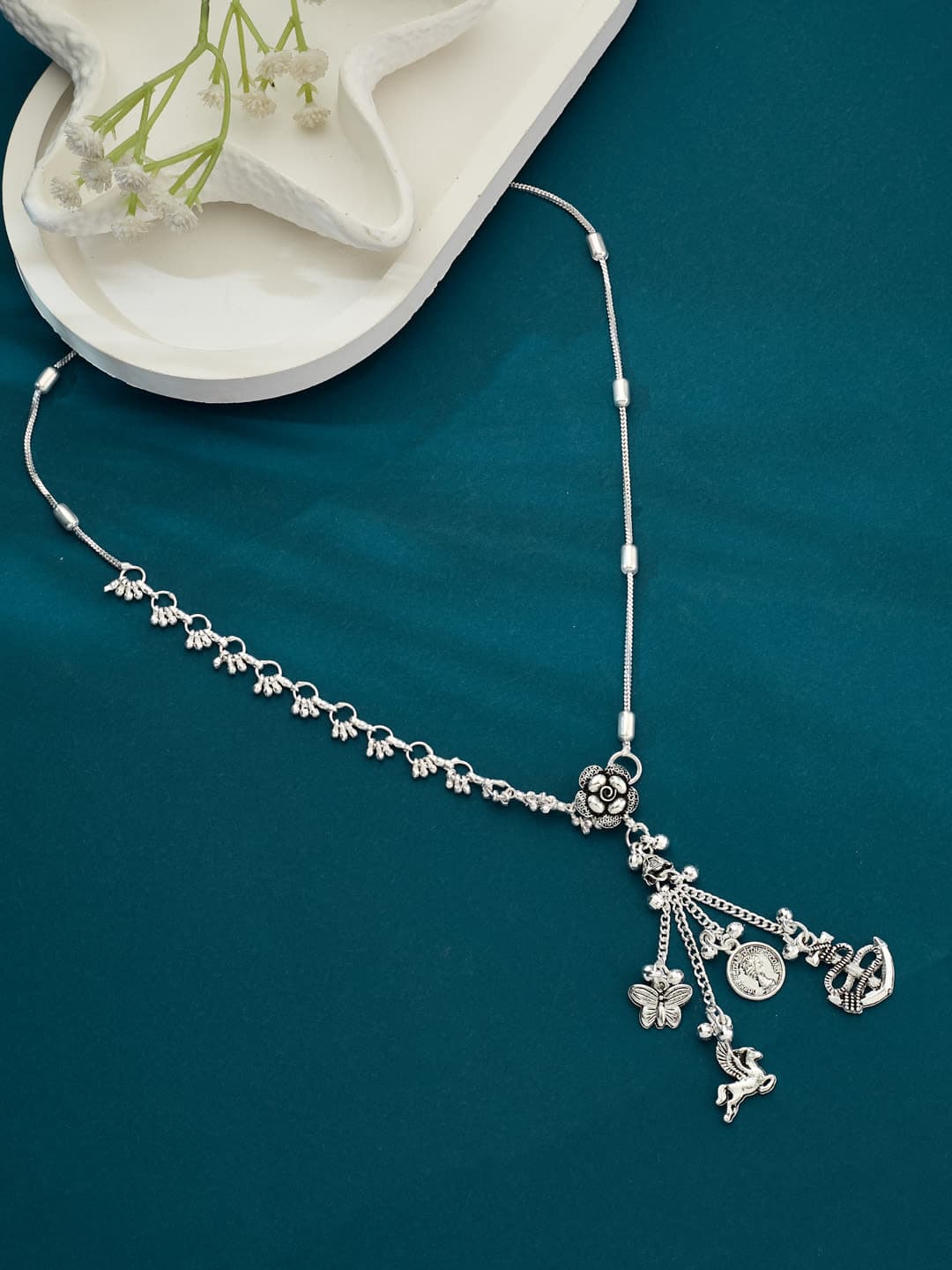 ATIBELLE Silver-Plated Artificial Stones Studded Floral Waist Chain - Image 1