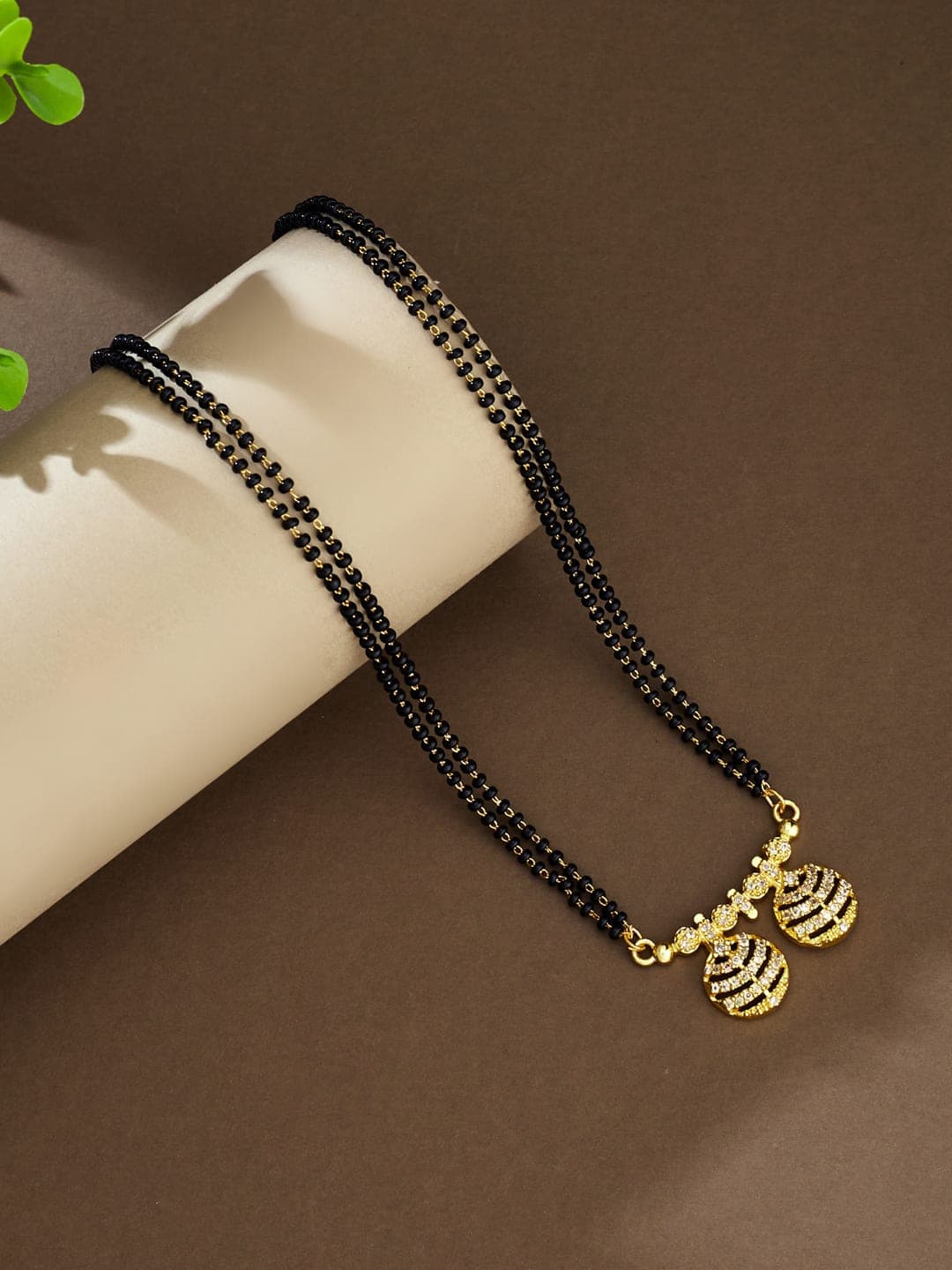 ATIBELLE Gold-Plated Artificial Stones Studded and Beaded Mangalsutra