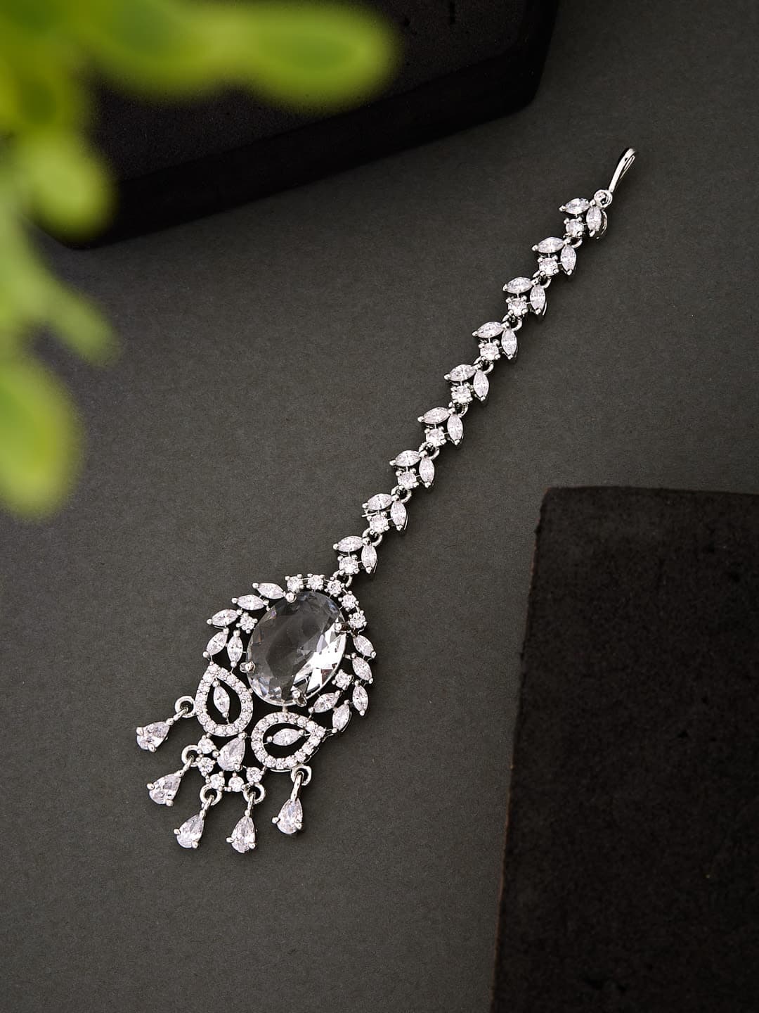 ATIBELLE Silver-Plated American Diamond Studded Maang Tikka Head Jewellery - Image 1