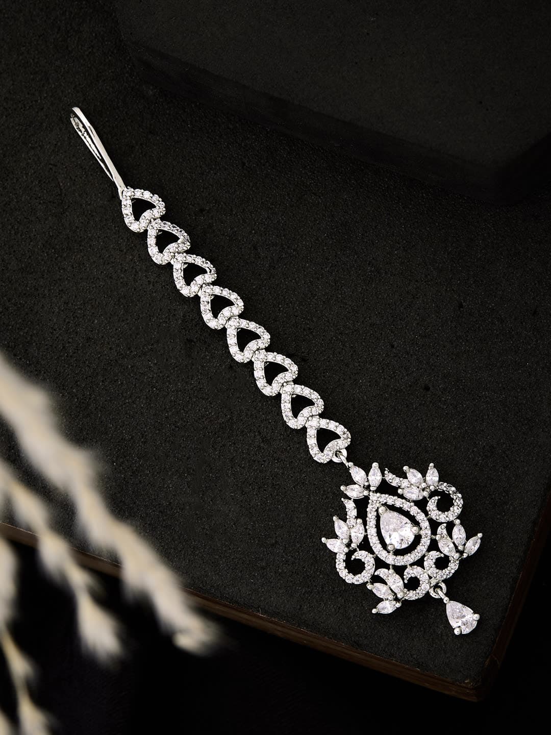 ATIBELLE Silver-Plated American Diamond Studded Maang Tikka Head Jewellery - Image 1