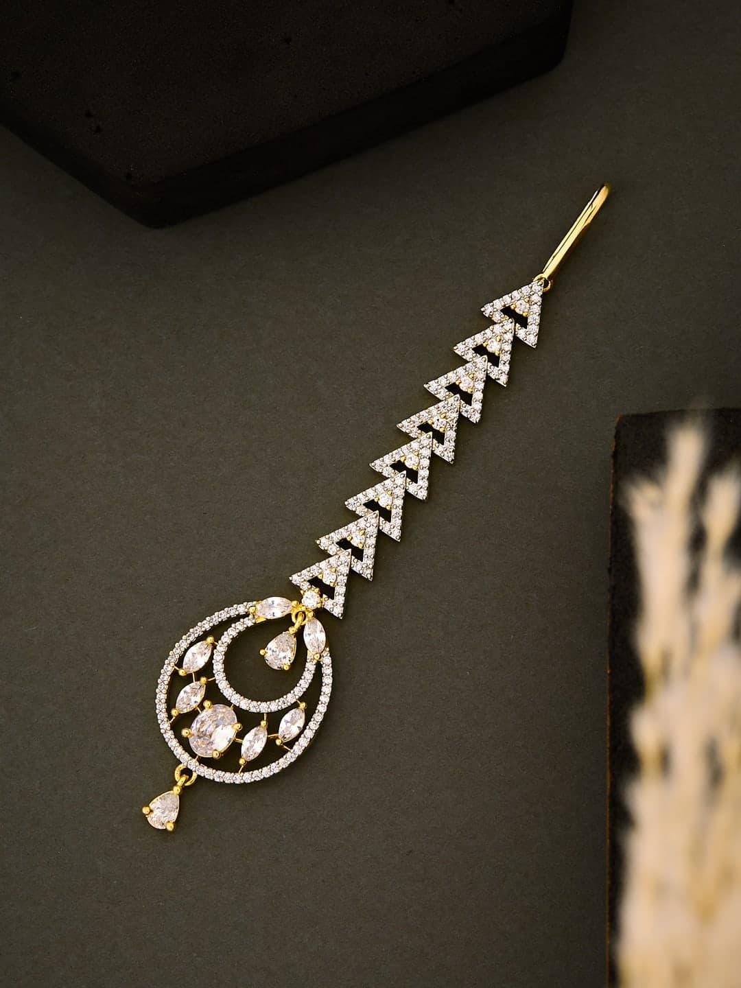 ATIBELLE Gold-Plated American Diamond Studded Maang Tikka Head Jewellery - Image 1