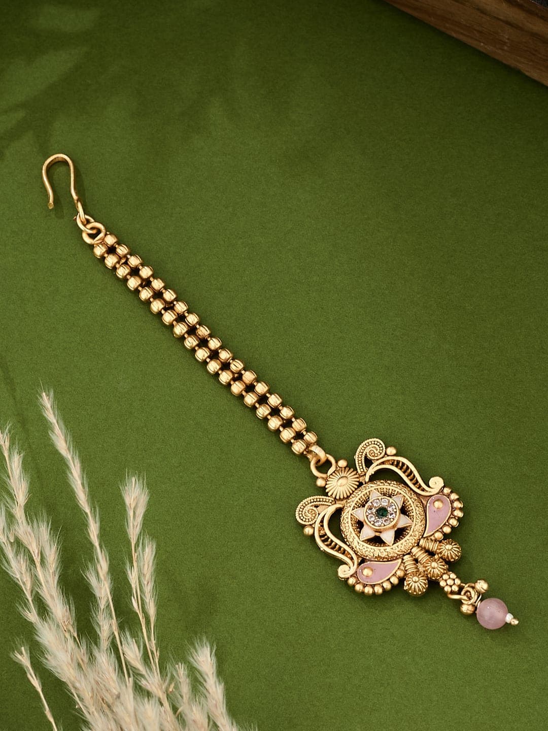 ATIBELLE Gold-Plated American Diamond Studded Maang Tikka Head Jewellery