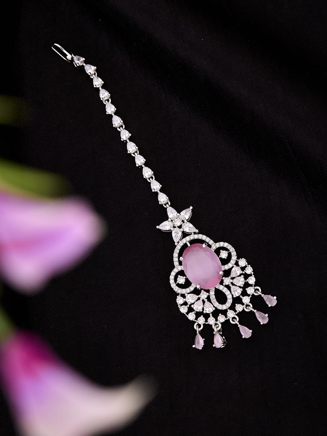 ATIBELLE Silver-Plated American Diamond Studded Maang Tikka Head Jewellery - Image 1