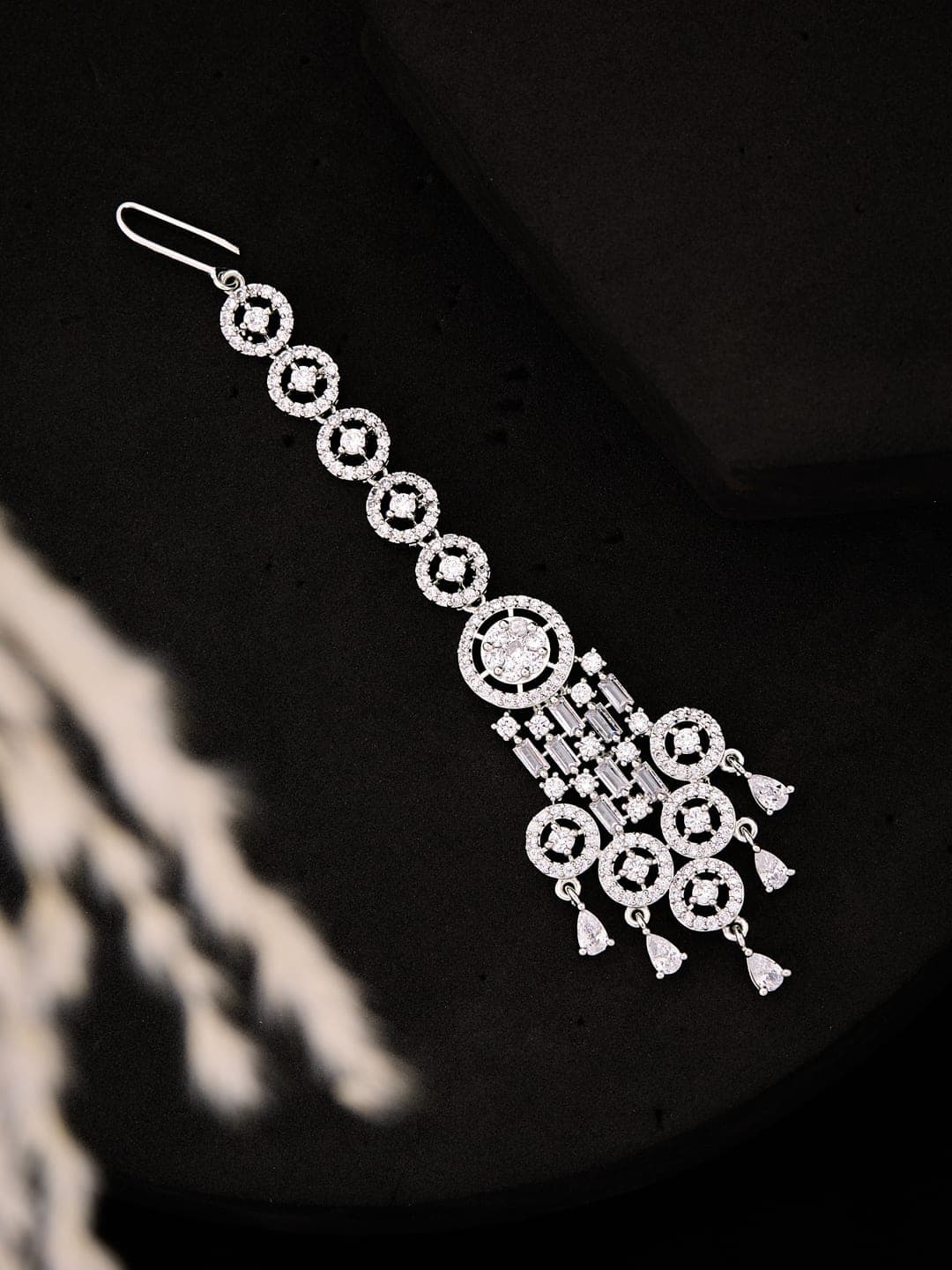 ATIBELLE Silver-Plated American Diamond Studded Maang Tikka Head Jewellery - Image 1