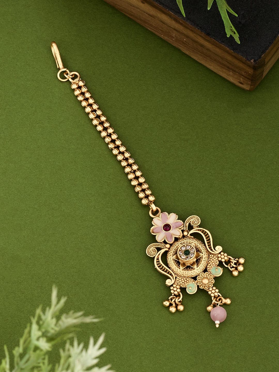 ATIBELLE Gold-Plated American Diamond Studded Maang Tikka Head Jewellery
