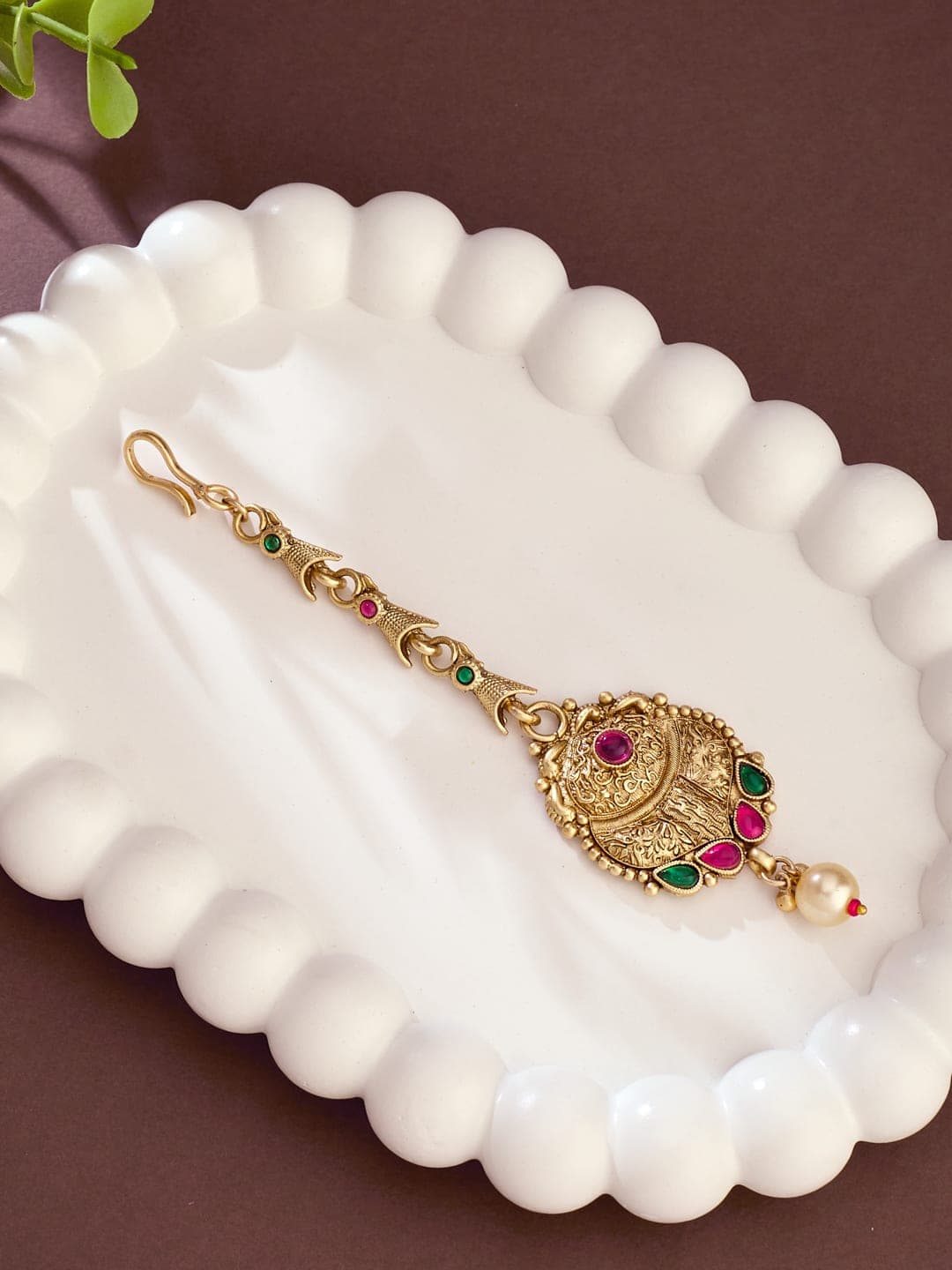 ATIBELLE Gold-Plated Artificial Stones Studded And Beaded Maang Tikka