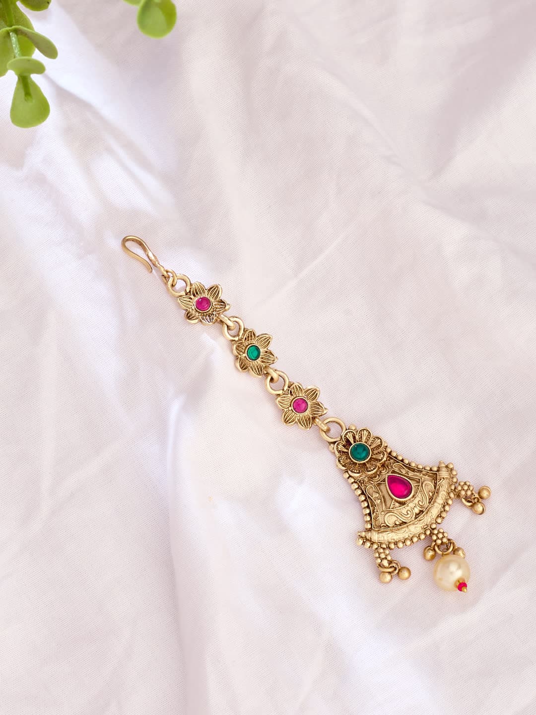 ATIBELLE Gold-Plated Artificial Stones Studded And Beaded Maang Tikka
