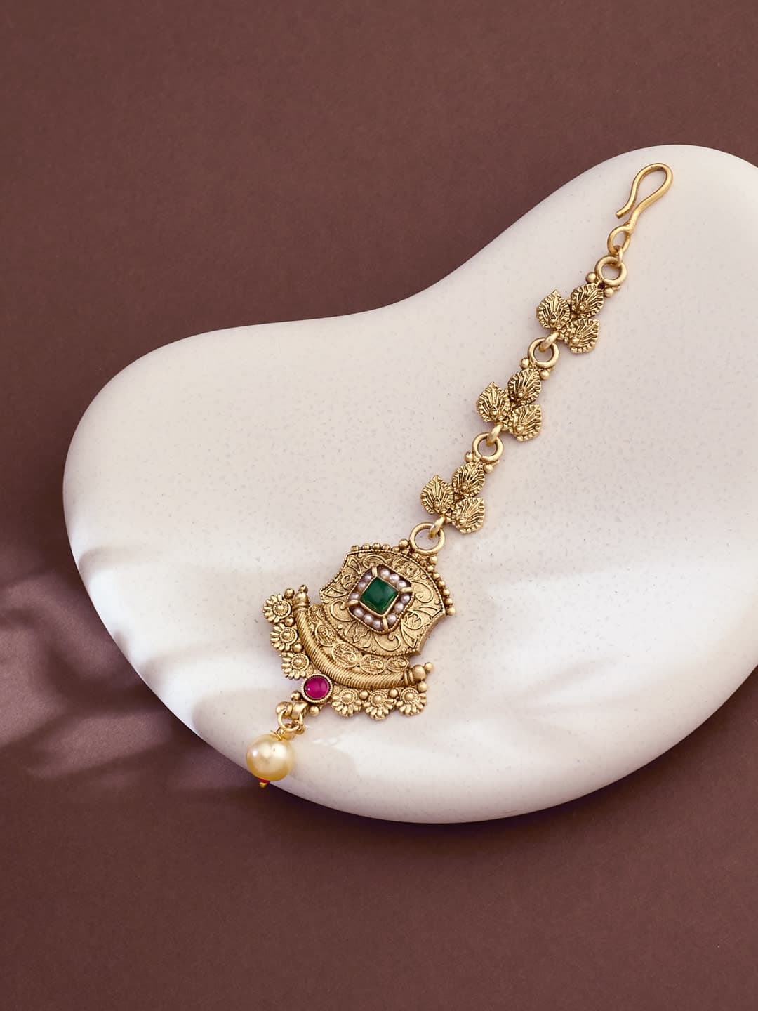ATIBELLE Gold-Plated Artificial Stones Studded And Beaded Maang Tikka