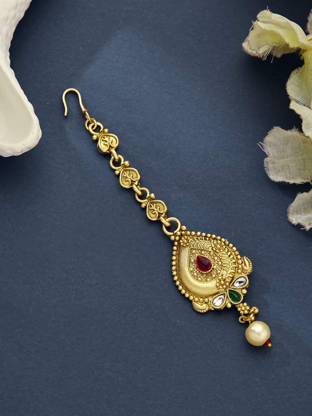 ATIBELLE Gold-Plated Artificial Stones Studded & Beaded Maang Tikka
