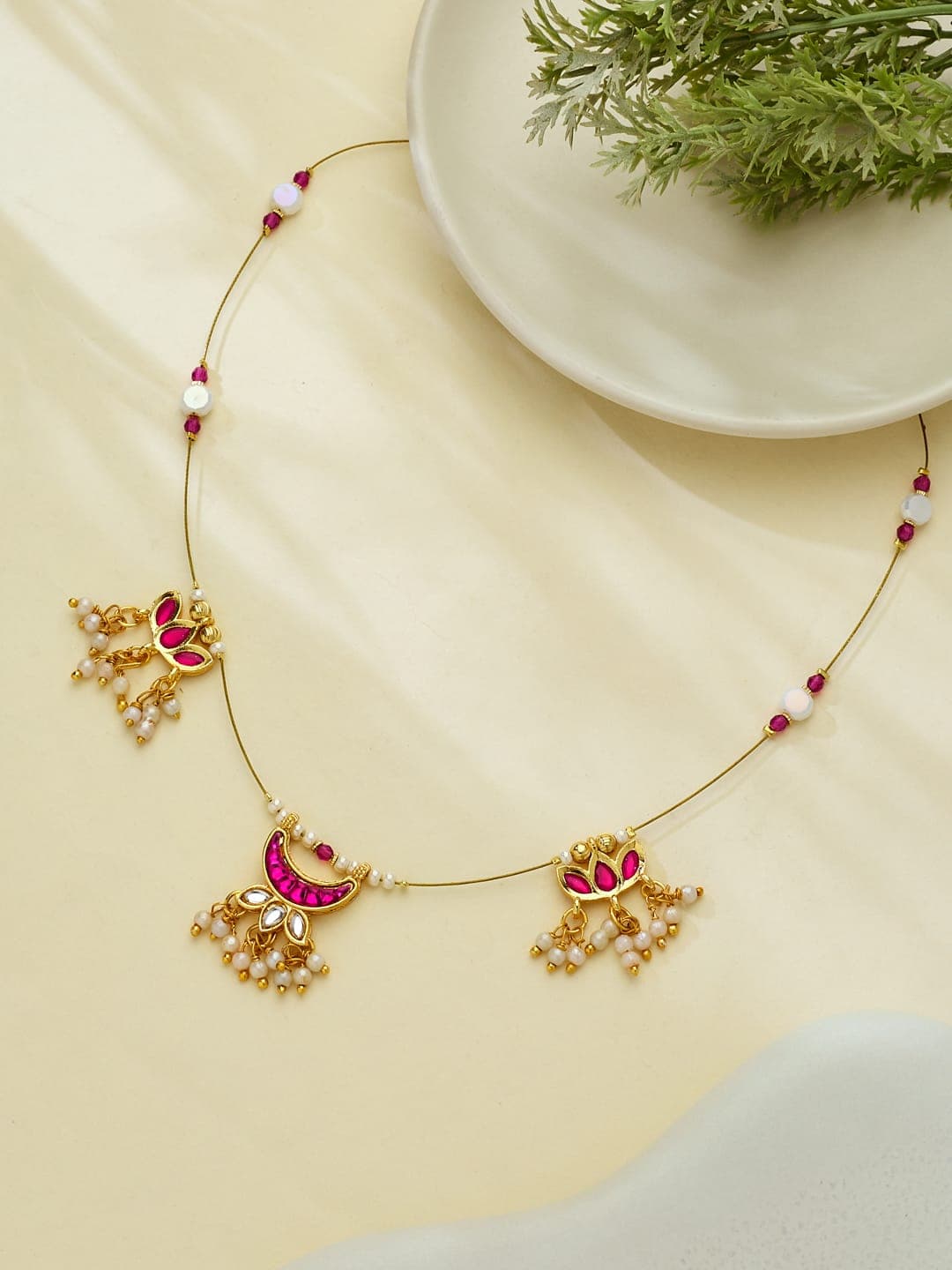 ATIBELLE Gold-Plated Artificial Stone Studded & Pearls Beaded Chain - Image 1