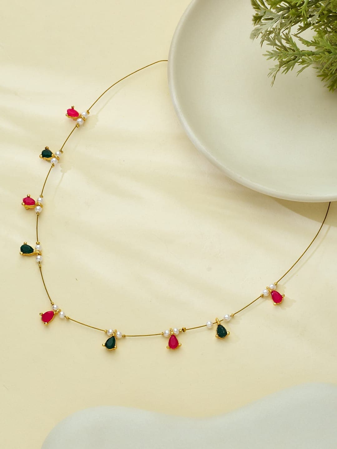 ATIBELLE Gold-Plated Artificial Stones Studded & Pearls Beaded Necklace - Image 1