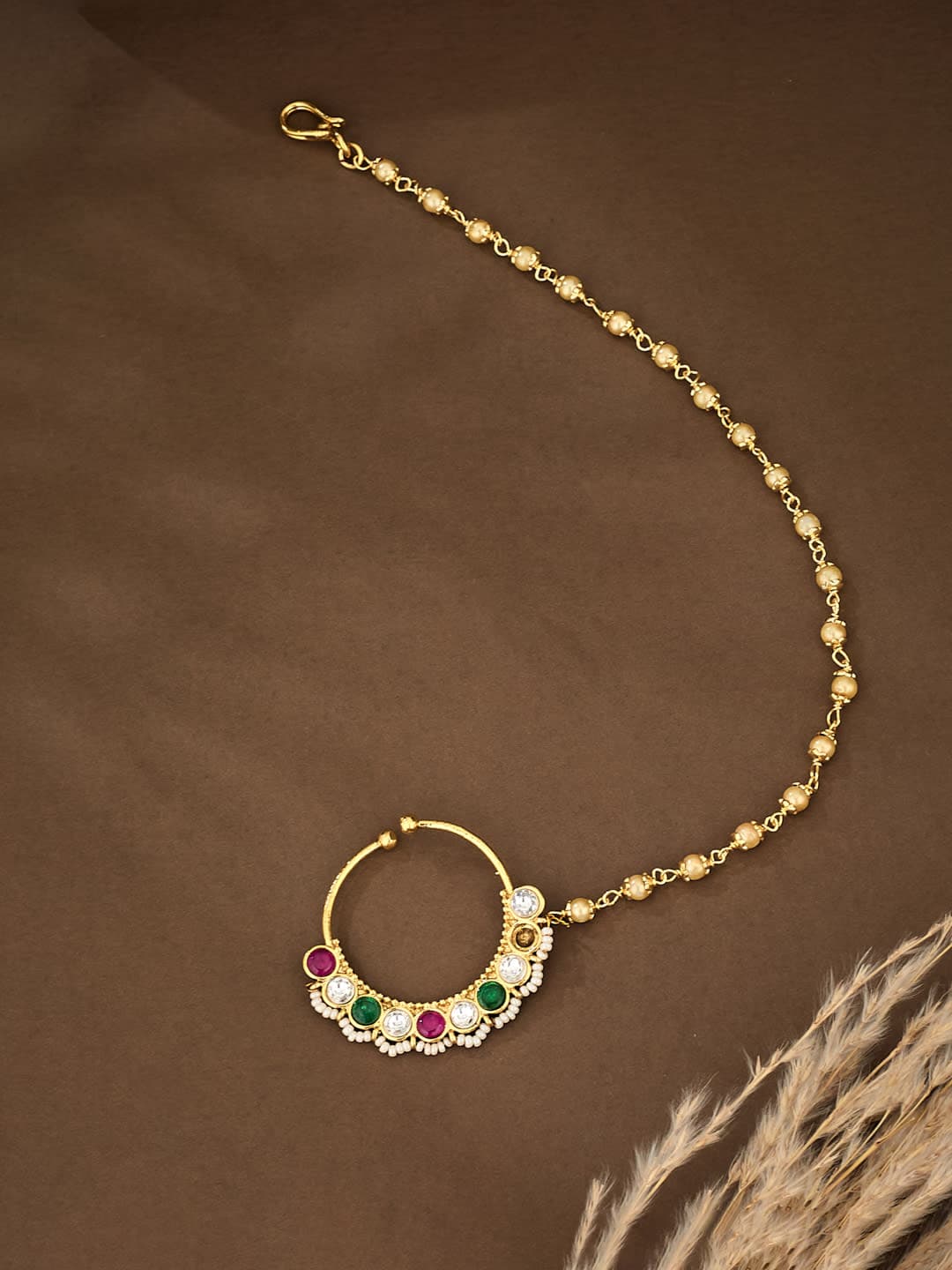 ATIBELLE Gold-Plated Artificial Stones and Beads Ring Nosepin - Image 1