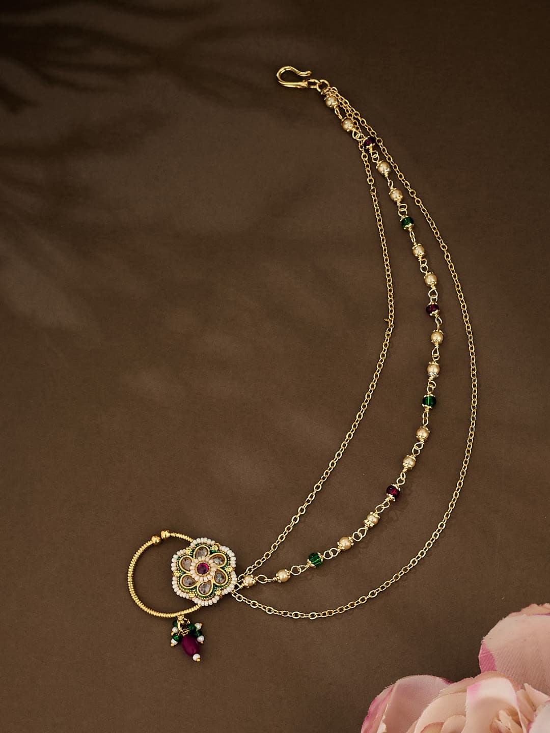 ATIBELLE Gold-Plated Artificial Stones and Beads Chained Nosepin - Image 1