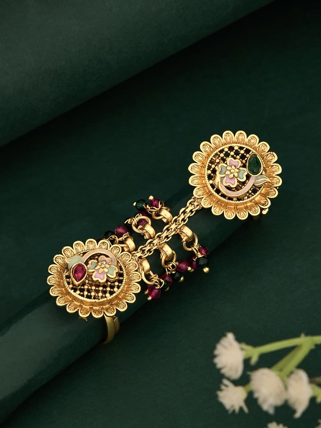 ATIBELLE Gold Plated Artificial Stones Studded And Beaded Finger Rings - Image 1