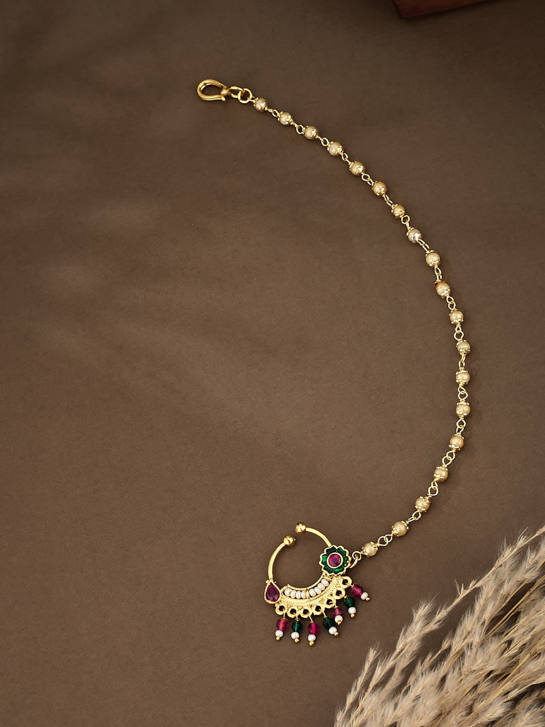 ATIBELLE Gold-Plated Artificial Stones and Beads Ring Nosepin - Image 1