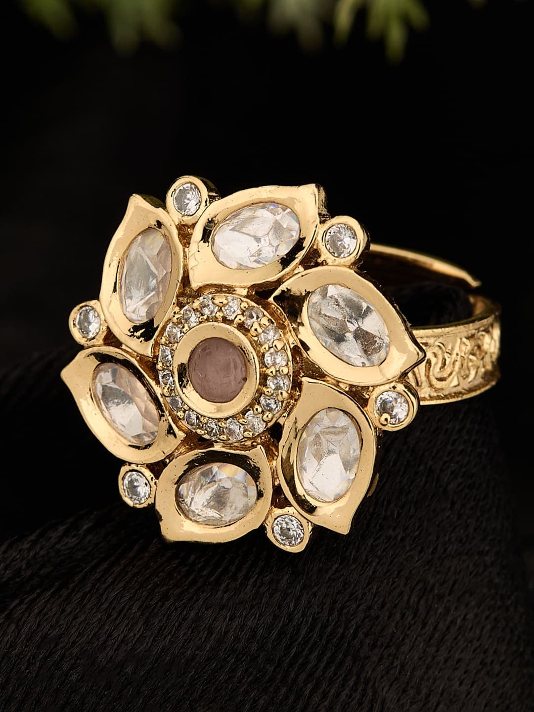 ATIBELLE Rose Gold Plated Polki Kundan Stone Studded Floral Finger Ring - Image 1