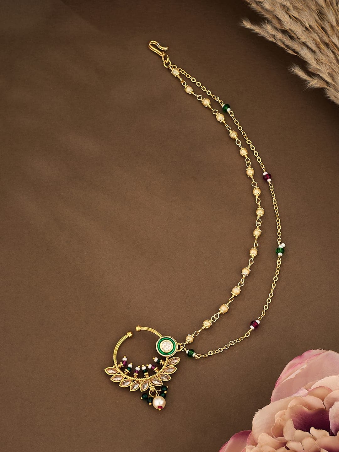 ATIBELLE Gold-Plated Artificial Stones and Beads Ring Nosepin - Image 1