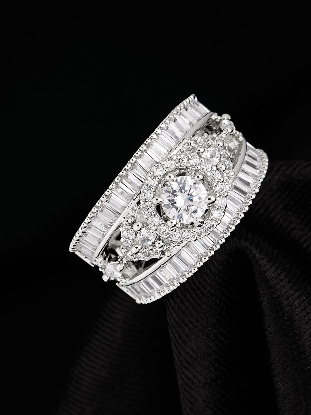 ATIBELLE Silver Plated Cubic Zirconia Stone Studded Floral-shaped Dazzling Ring - Image 1
