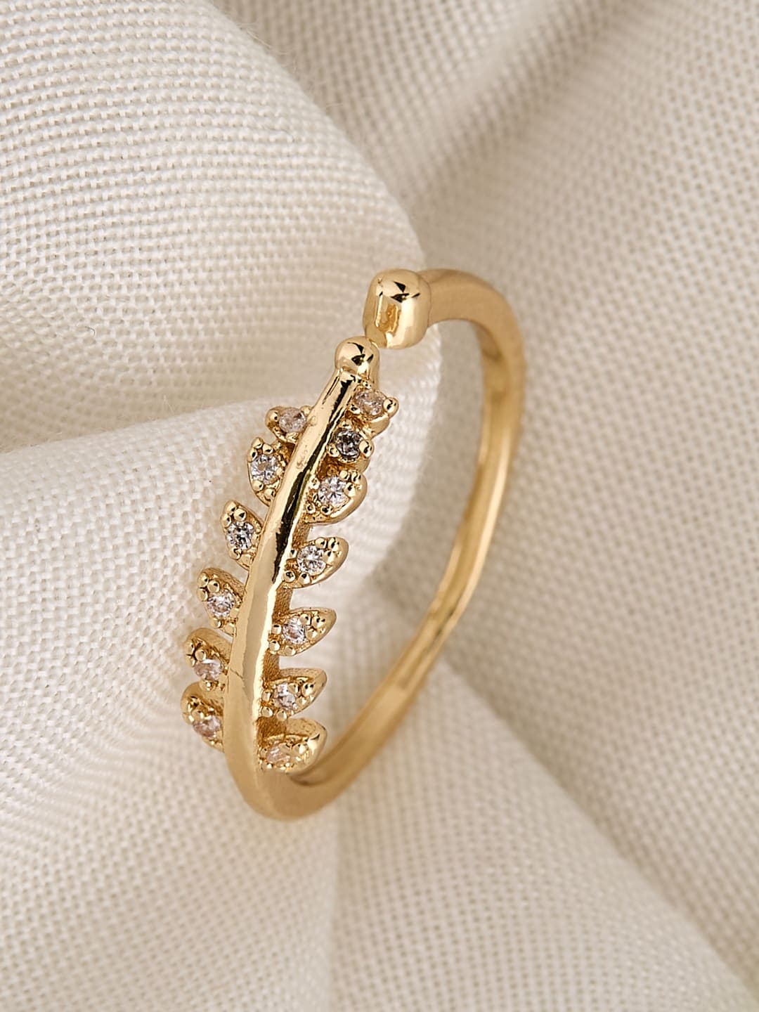 ATIBELLE Gold Plated Cubic Zirconia Studded Leaf-Shaped Dazzling Ring - Image 1