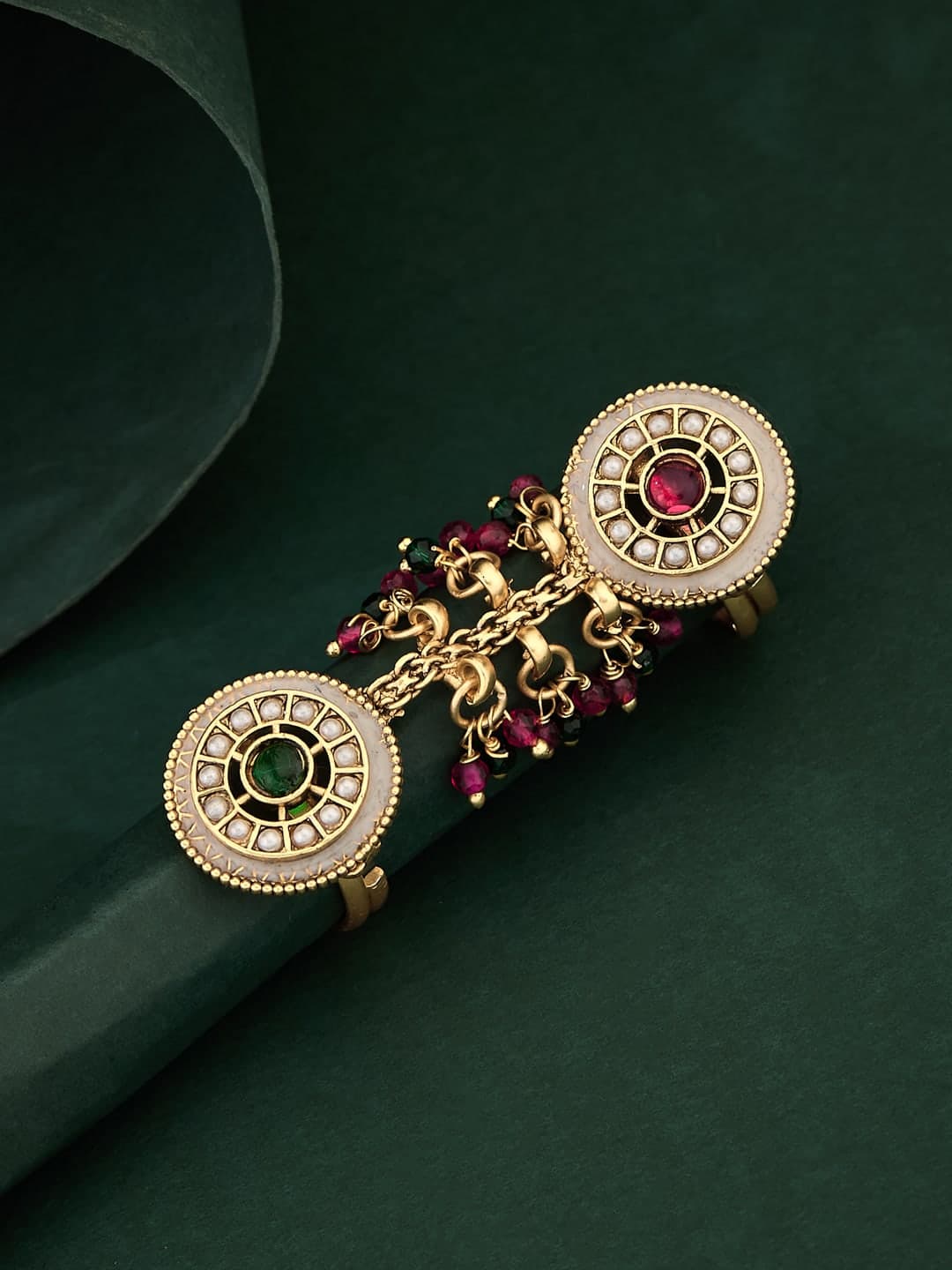 ATIBELLE Gold Plated Stone Studded And Beaded Fusion Finger Ring - Image 1