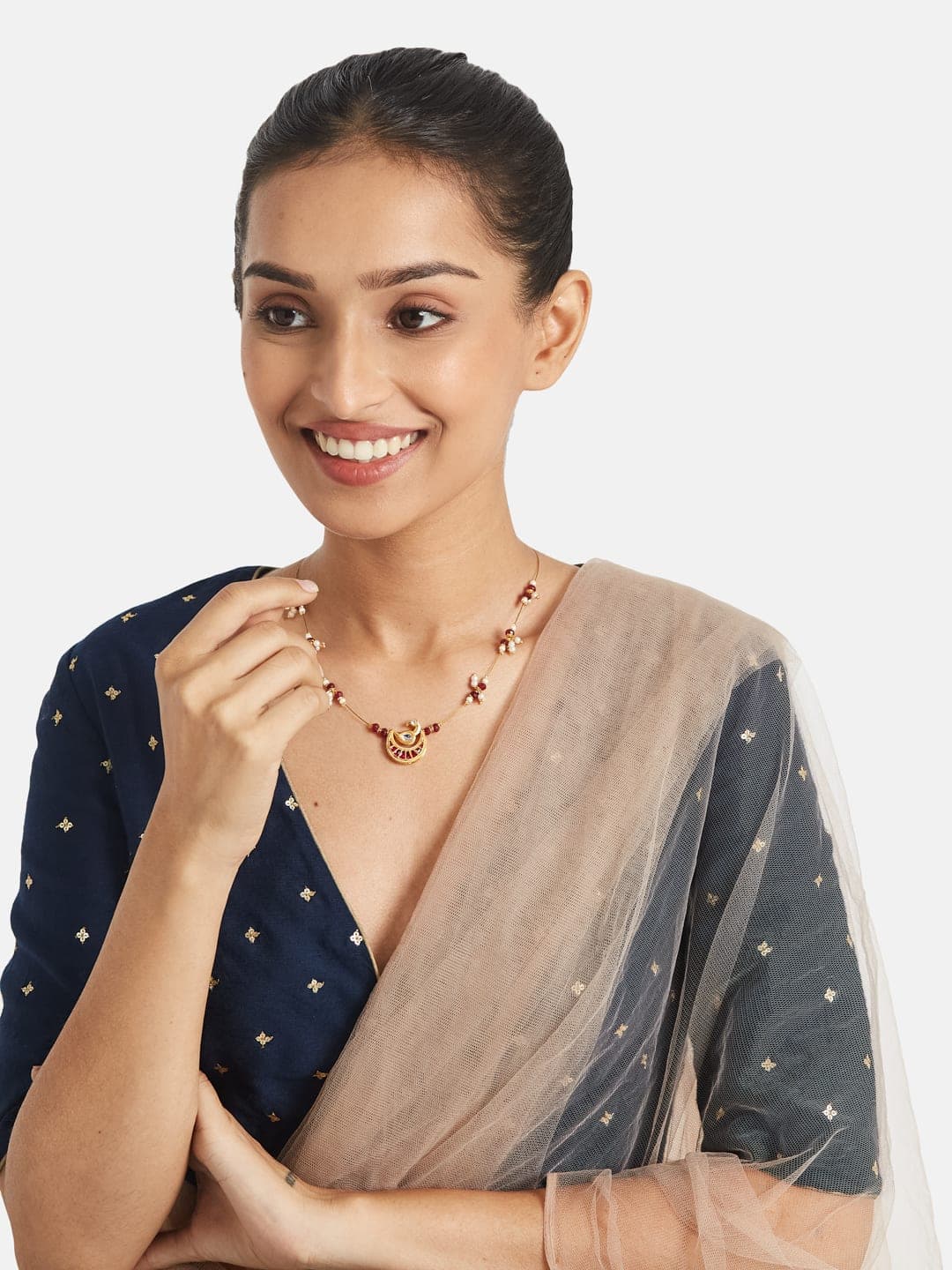 ATIBELLE Gold-Plated Artificial Stone Studded & Pearls Beaded Necklace - Image 1