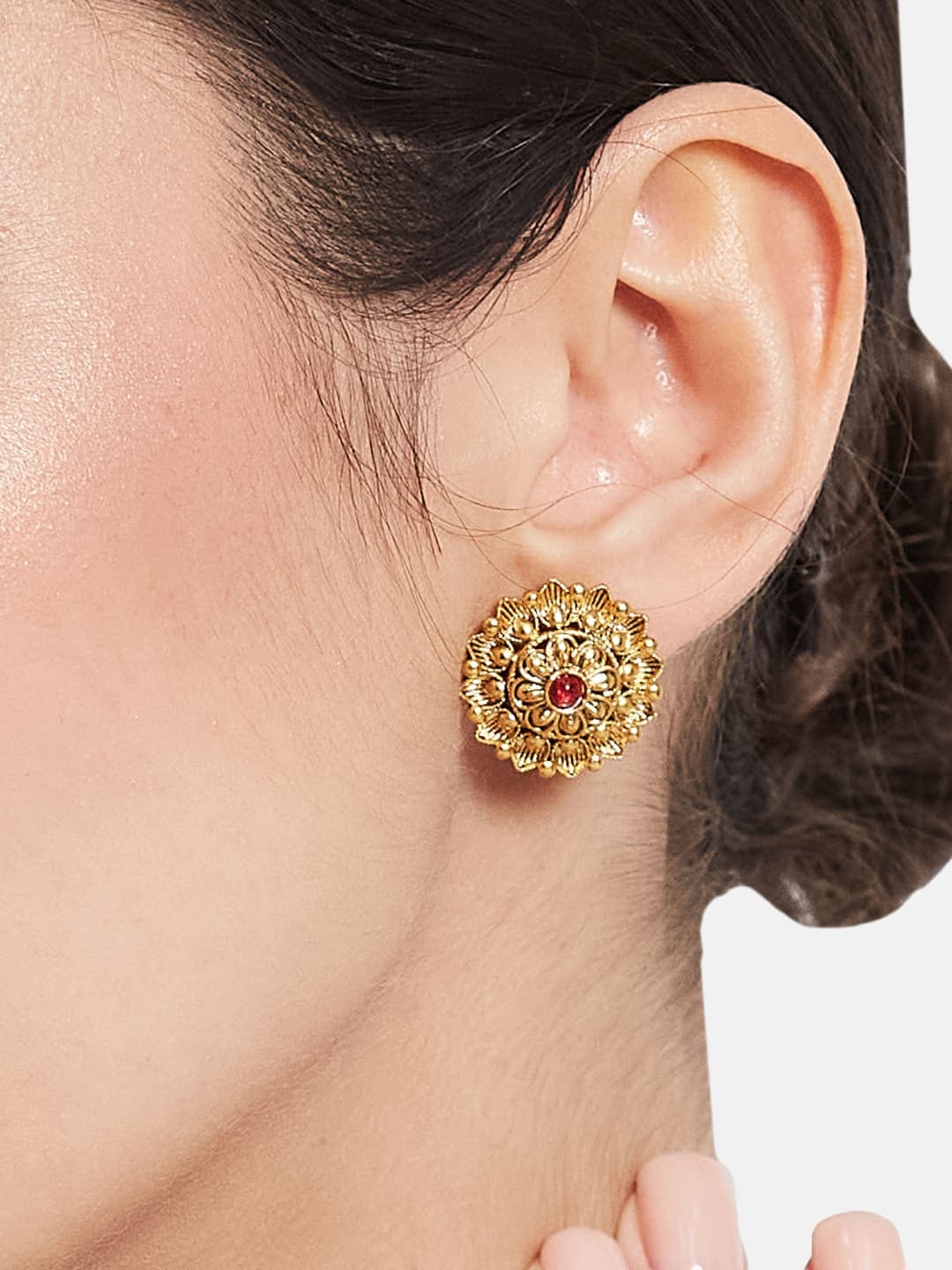 ATIBELLE Gold-Plated Artificial Stones Studded Floral Shaped Studs - Image 1