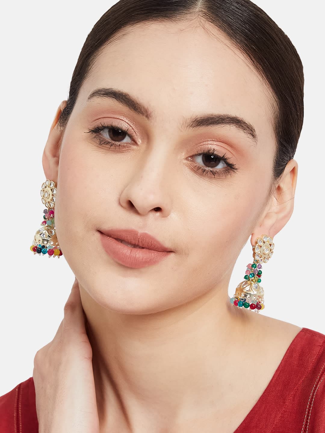 ATIBELLE Gold-Plated Kundan Studded Geometric Shaped Shaped Jhumkas - Image 1