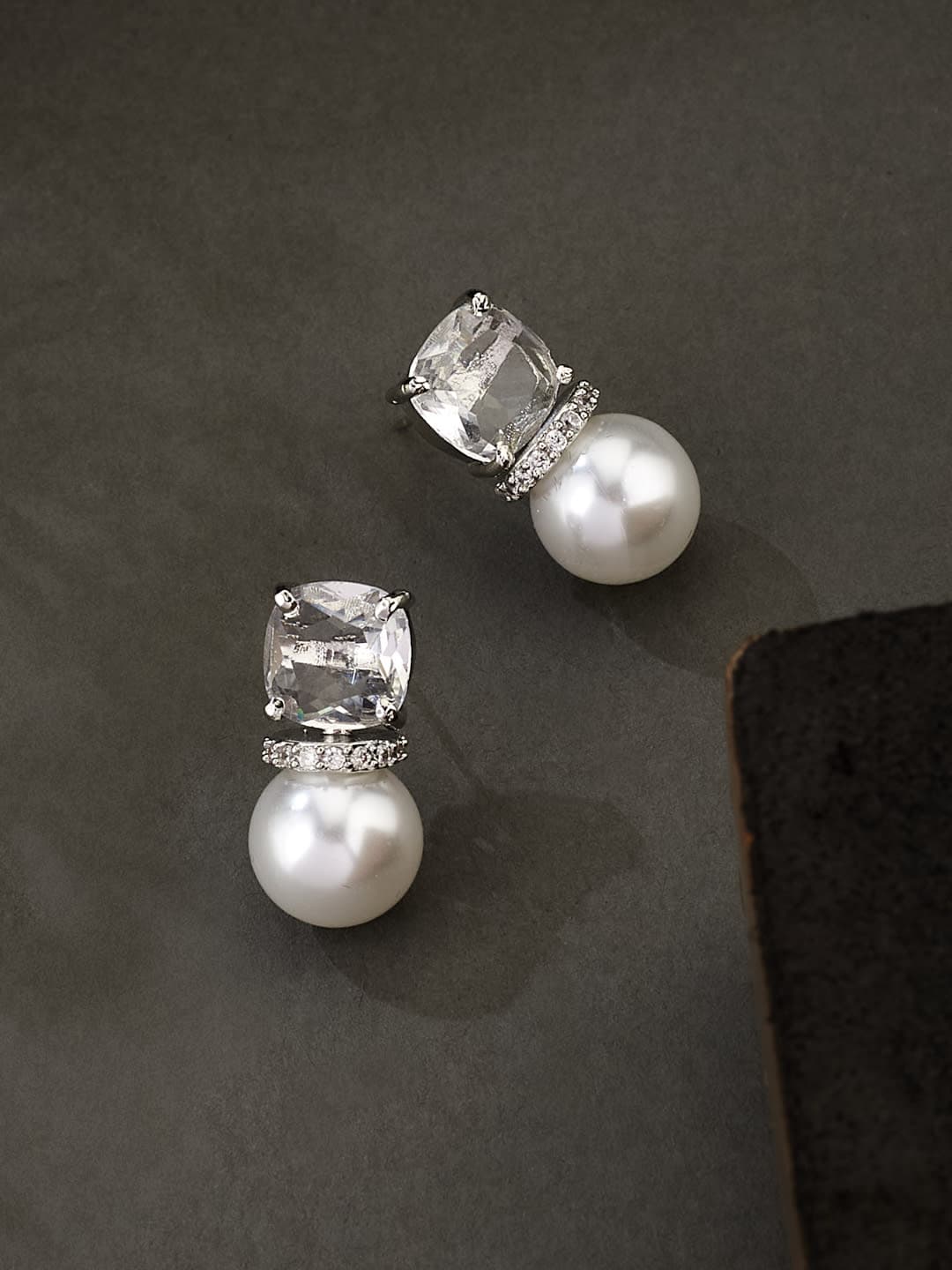 ATIBELLE Silver Plated Cubic Zirconia Studded Contemporary Shaped Studs
