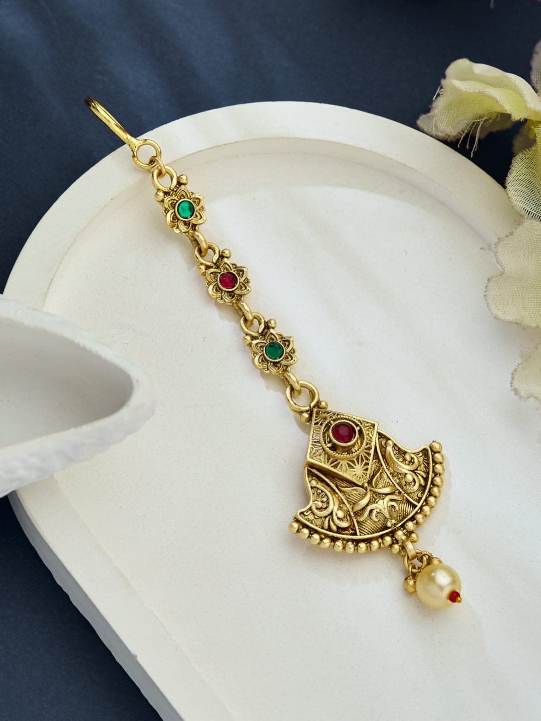 ATIBELLE Gold-Plated Artificial Stones Studded & Pearls Beaded Maang Tikka Head Jewellery