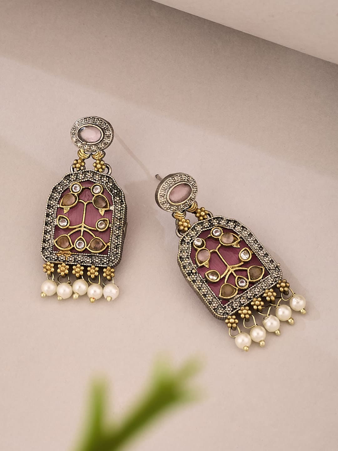 ATIBELLE German Silver Plated Artificial Stones Studded & Beaded Drop Earrings - Image 1