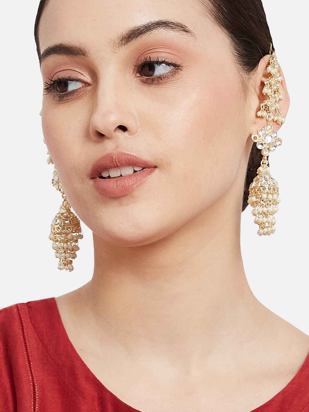 ATIBELLE Gold-Plated Kundan Studded Contemporary Drop Earrings - Image 1