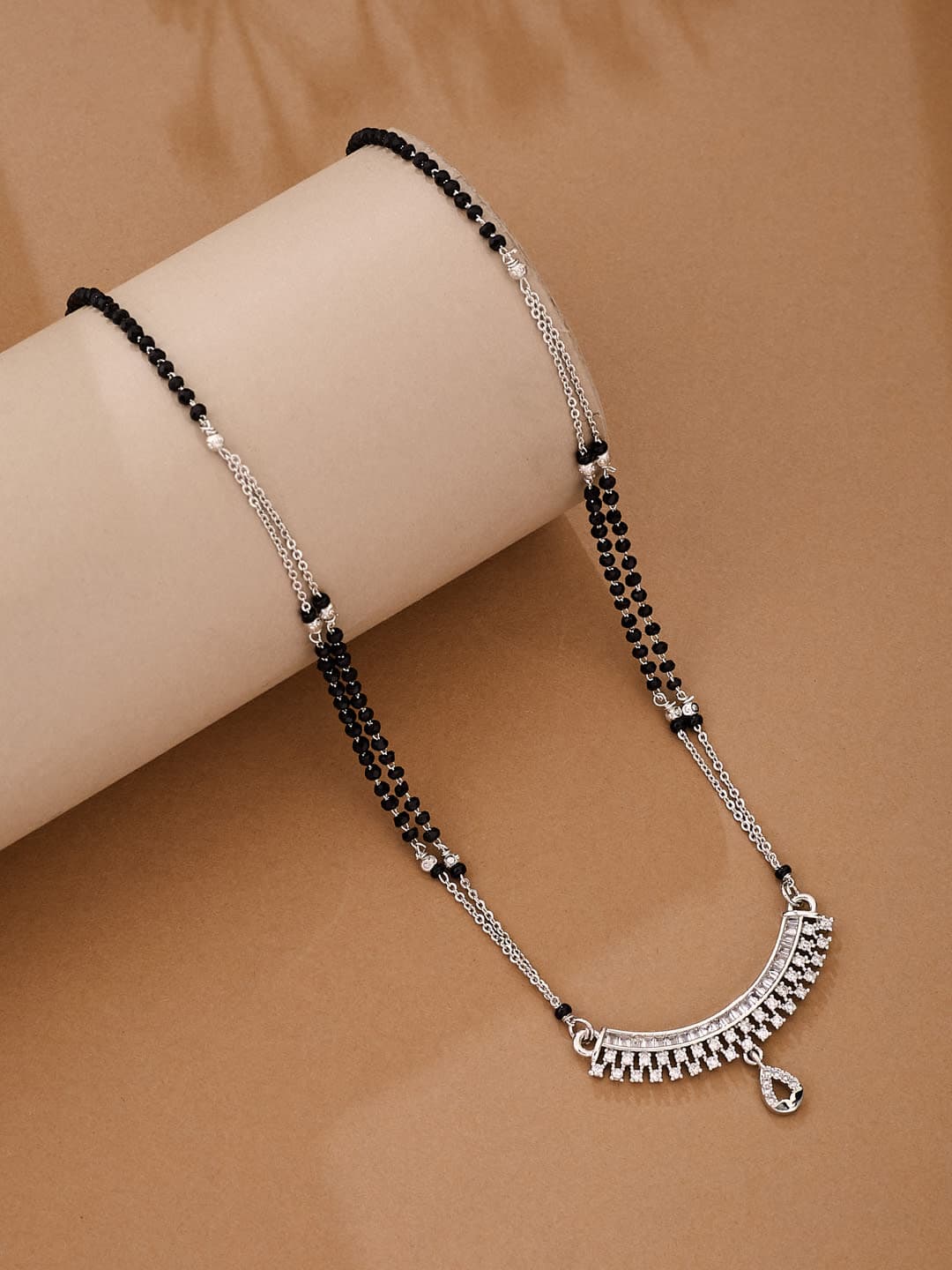 ATIBELLE Silver-Plated Cubic Zirconia Studded And Beaded Mangalsutra - Image 1