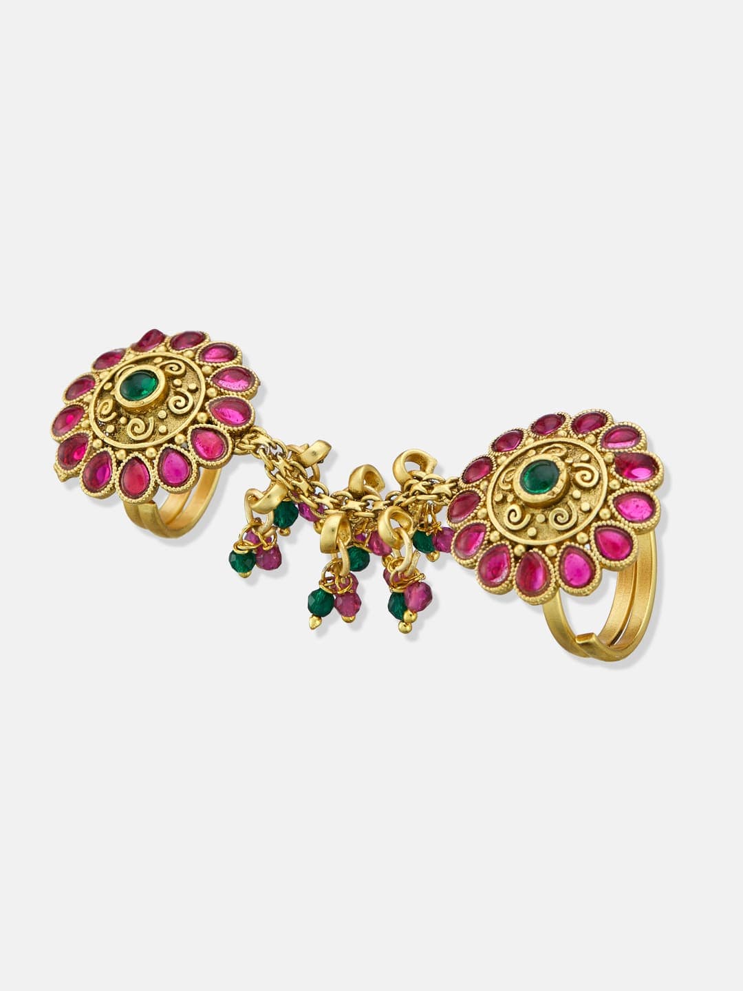 ATIBELLE Gold Plated Artificial Stone Studded And Beaded Floral Shaped Finger Ring - Image 1