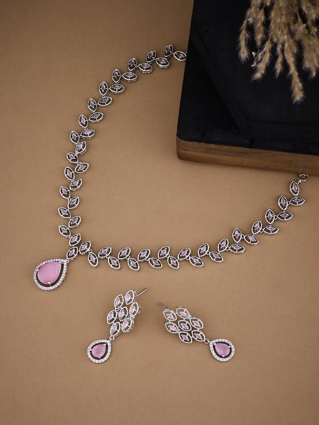 ATIBELLE Silver-Plated Cubic Zirconia Studded Necklace and Earrings
