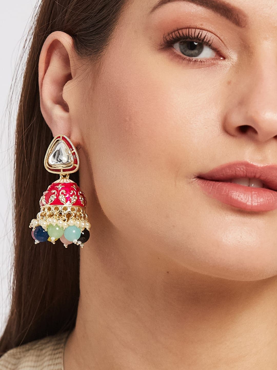 ATIBELLE Gold-Plated Kundan Stone Studded Contemporary Dome Shaped Jhumkas