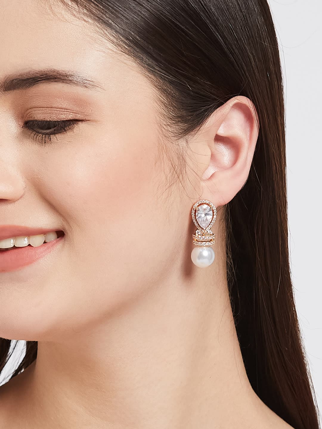 ATIBELLE Rose Gold Plated Cubic Zirconia Stones Studded & Beaded Drop Earrings - Image 1