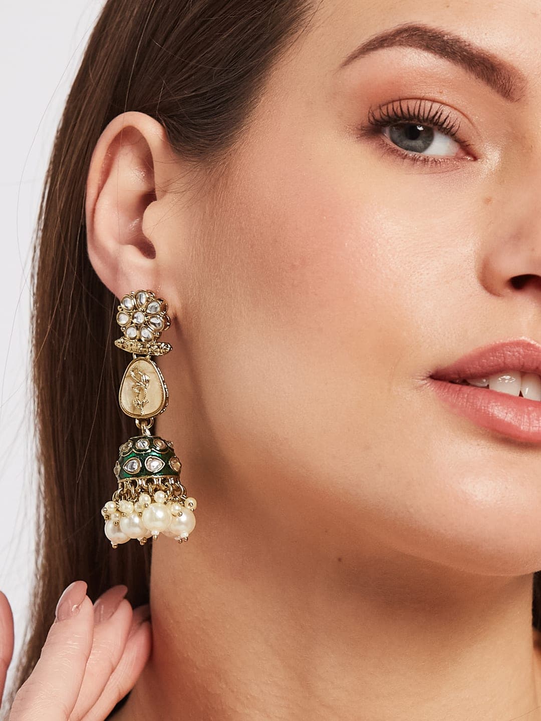 ATIBELLE Gold-Plated Kundan Stone Studed Contemporary Shaped Jhumkas
